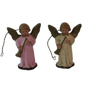 Vtg Angel Christmas Ornament US Zone Germany Lot of 2 Pink White 1940s/50s‎